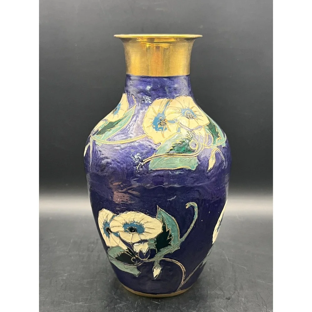 Vtg Cloisonne Enameled Indian Brass Vase‎ Cobalt Blue 8